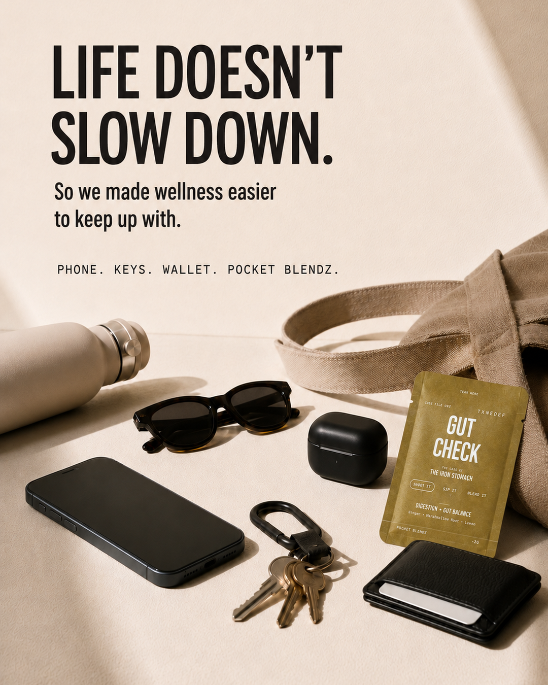 Life Doesn't Slow Down – Pocket Blendz lifestyle shot.
